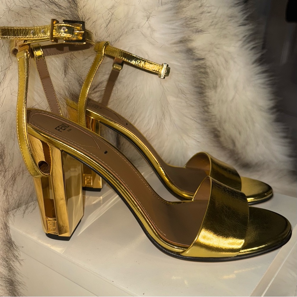 NEW - Fendi Gold Metallic Ankle-Strap Block Heel Sandals